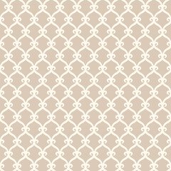 Classic trellis seamless pattern. Beige repeating background with interconnected curves. Elegant backdrop for textile, wallpaper, linen, silk, scarf, web, invitation.