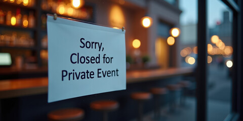 A sign stating "Sorry, closed for private event" hangs in the foreground of a cozy bar, with warm lights and blurred patrons in the background creating a welcoming ambiance