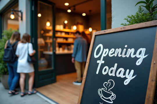 A cheerful group of young adults waits outside a coffee shop with an "opening today" sign, excited to enter and enjoy the new café atmosphere