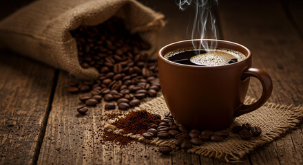 Aromatic Hot Coffee in Brown Mug with Roasted Beans and Burlap Sack on Rustic Wooden Table