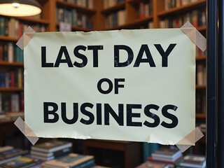 A large sign states the last day of business in a cozy bookstore, surrounded by shelves filled with colorful books, creating a sense of finality and nostalgia