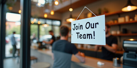 A welcoming café scene shows a sign reading "Join Our Team!" with a young man, around 20s, in the background interacting with staff, creating a friendly atmosphere