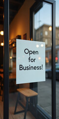 A sign in a cafe window reads open for business with a cozy interior visible and warm lighting inviting customers inside
