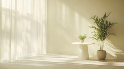 A minimalist corner in a bright, empty house with a simple white table, potted plants, and a quiet atmosphere