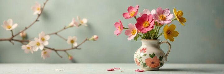 Springtime bouquet of meadow flowers in a small floral ceramic vase, spring, blossoms, ceramic