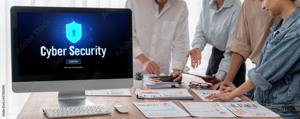 Poster Cyber security system on computer screen protect private information brisk from hacker and cyber attack