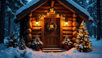 Twinkling lights and garlands adorn the cabin's rustic wooden door, cozy, festive