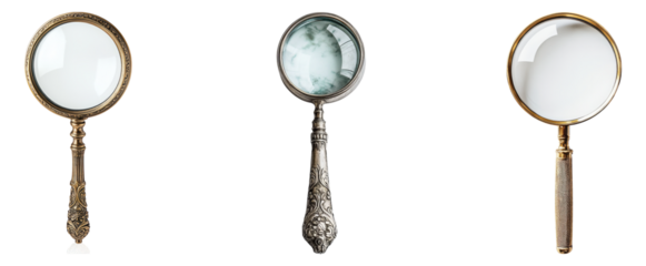 Vintage Magnifying Glasses with Intricate Handles and Lenses, isolated on transparent background