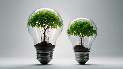 The image features two clear light bulbs, each containing a small tree with green foliage rooted in soil.