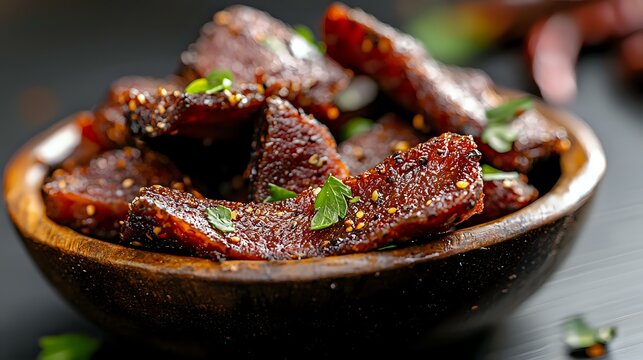 Juicy grilled beef short ribs with caramelized glaze and fresh herbs served in rustic wooden bowl, close up view on dark background. Perfect for food menu.
