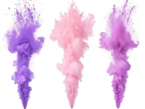 Three vibrant plumes of colorful powder exploding upward against a clean white background creating a dynamic and artistic visual effect perfect for abstract design