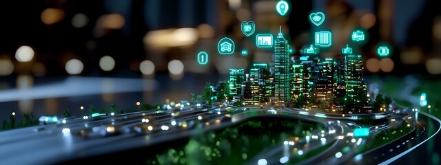 Futuristic smart city panorama with glowing turquoise network icons floating above urban skyline, digital transformation concept showing connected infrastructure.