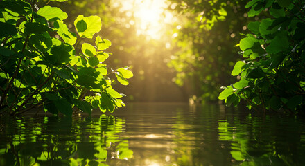 Serene Sunset Reflection Lush Green Foliage Over Calm Water in a Tranquil Forest