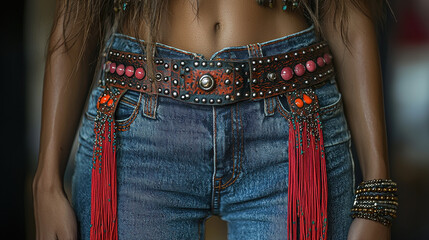 Close-up of boho-chic style with an edgy twist showcasing intricate textures and details in a fashionable outfit