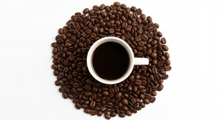 Aromatic Coffee Cup Surrounded by Roasted Coffee Beans on White Background