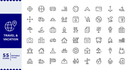 Pixel Perfect ,Travel and Vacation Outline Icon illustration.Modern, Perfect for Airlines, Maps, Adventure, Tourism, Editable line icon set.