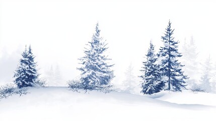 Fototapeta premium Winter landscape featuring snow covered trees in a serene and peaceful atmosphere in watercolor style on a white background