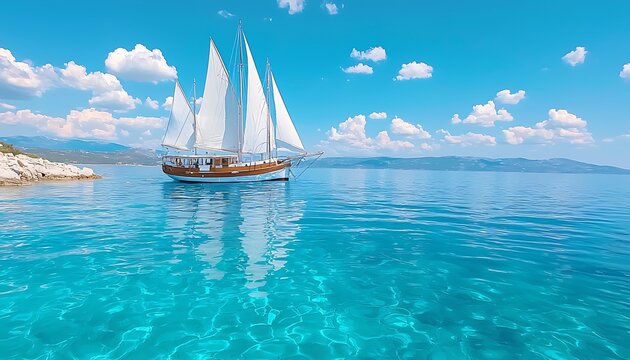 Sailing yacht with turquoise sea, and island.