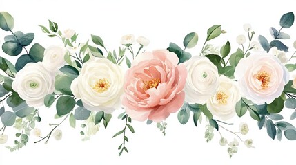 Elegant floral garland featuring pink garden roses and creamy peonies with greenery for wedding decorations or invitations