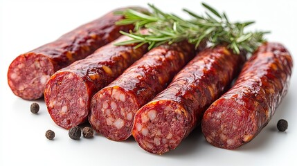 Delicious slices of smoked sausage garnished with herbs set against a clean white backdrop showcasing culinary artistry and flavor