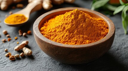 Turmeric powder displayed in a wooden bowl with a spoon ready for culinary use on a light grey background, showcasing its vibrant color and texture