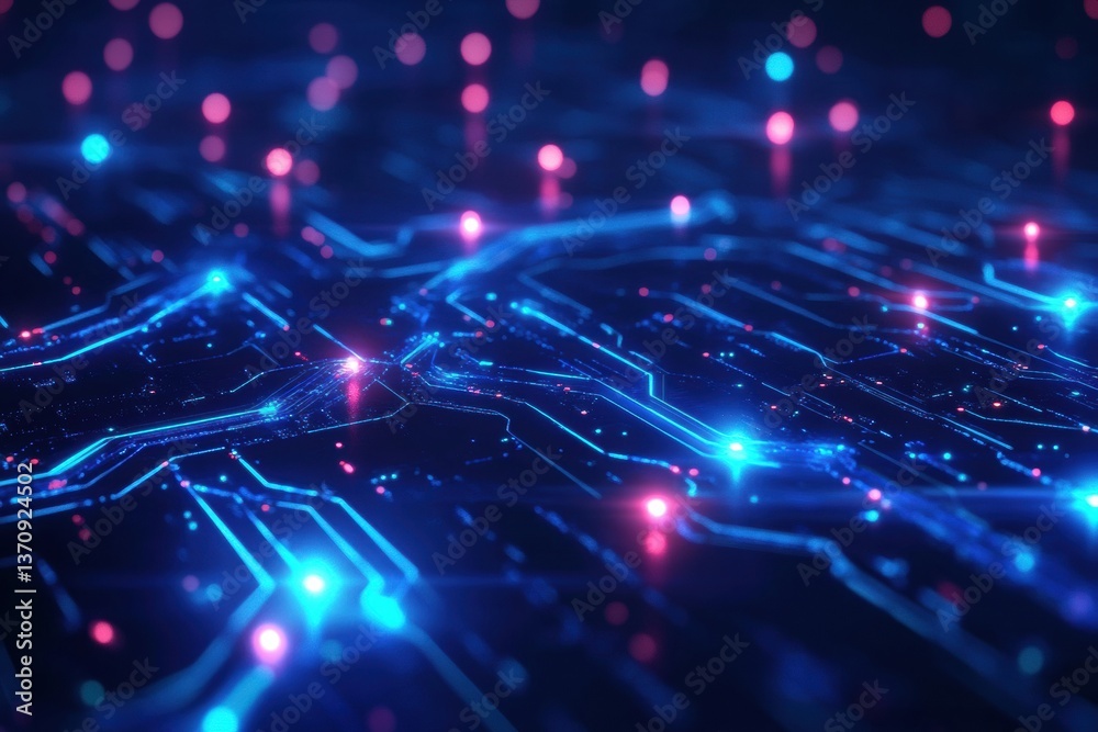 Poster Futuristic AI-inspired digital background with glowing neural connections and deep blue circuit patterns representing modern technology