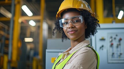 Young mixed race female student in hard hat working in industrial factory during electrician apprenticeship program