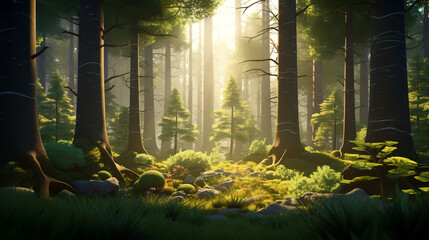 AI Art Illustration: Sunrise in the Forest, 3D Animation Style