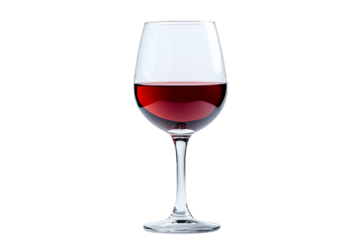 Elegant red wine glass filled with rich, dark red wine.