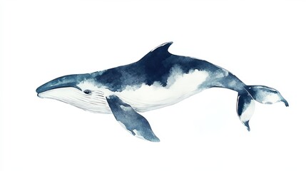 Fototapeta premium Majestic watercolor of a whale gracefully swimming on a serene white backdrop capturing natural beauty and tranquility