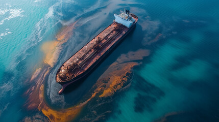 Oil spills out of a ship to Sea.industrial chemical pollution.