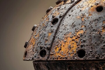 Close-up shot of a heavily rusted and pitted metal sphere with circular openings against a neutral background.
