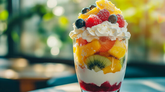 Close up shot of a fruit parfait with whipped cream in a glass with a blurred background