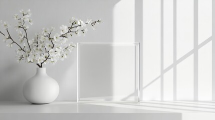Vase with cherry blossoms on white shelf