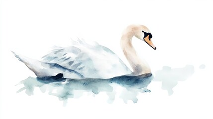 Obraz premium Elegant watercolor representation of a swan gliding gracefully across a tranquil surface with serene touches of color and minimalist style