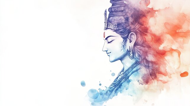 Serene watercolor depiction of Lord Kalki in a minimalist style against a white background, capturing the essence of the future avatar in a mysterious way