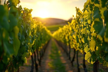 Naklejka premium A peaceful vineyard with rows of grapevines stretching into the distance, bathed in the soft light of the setting sun, creating a serene and tranquil landscape