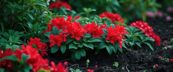 vibrant red flowers blooming in lush green garden illustration