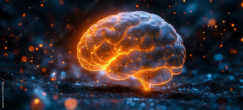 Poster glowing orange and blue brain visualization with neural network connections floating in dark space w