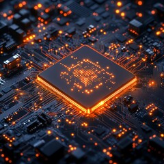 Close-up view of an illuminated microchip on a circuit board showcasing intricate details in a dark setting