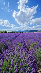 Naklejka premium Picturesque Lavender Field Under a Sunny Sky with Fluffy Clouds Rows of Purple Lavender Flowers Stretching to the Horizon Scenic Summer Landscape