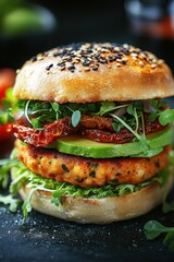 Delicious gourmet burger with avocado and sun dried tomatoes on a dark surface close up shot