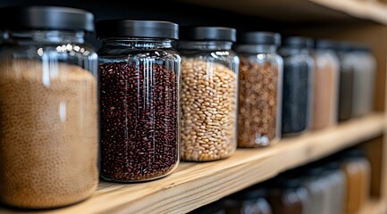 Glass storage jars filled with various grains, legumes and dry goods arranged on wooden pantry shelf, showing sustainable zero waste kitchen organization system.