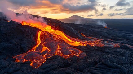 Molten lava flowing from volcanic crater with extreme heat distortion and glowing red textures