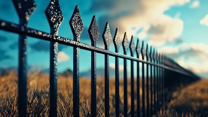 A black metal fence stretches into the distance, under a cloudy sky. The fence is made of wrought iron, with decorative pointed tops, and it is set against a field of tall, dry grass.