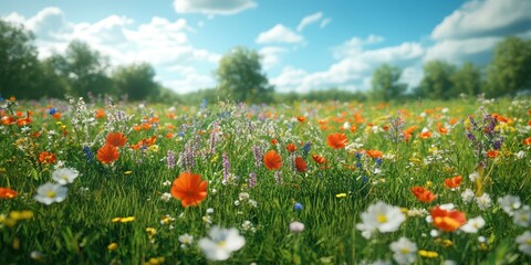 Fototapeta premium Vibrant wildflower meadow in springtime under a clear blue sky with fluffy clouds and lush greenery