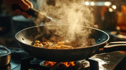 A rustic frying pan being lifted off a hot stovetop, with steam and sizzling sounds visible in a dynamic close-up