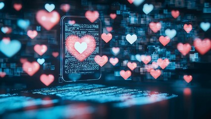 Fototapeta premium A digital display with a heart in the center surrounded by numerous floating hearts