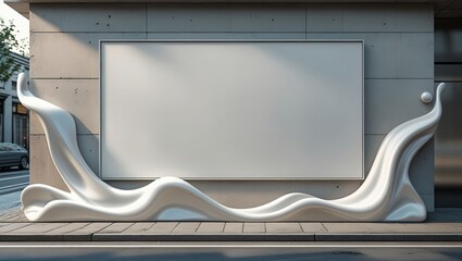 A clean, blank urban street wall with a smooth concrete texture, perfect for applying advertisements, artwork, or branding. Around the edges of the frame, elegant 3D fluid shapes
