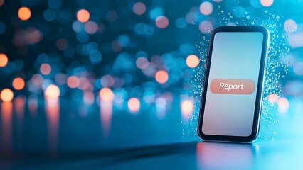 A phone displaying a "Report" button amidst a digital display, with bokeh lights in the background.